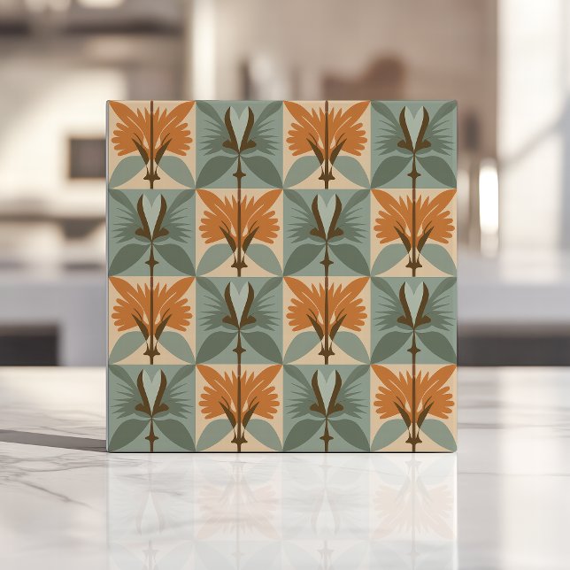 Mid-Century Floral Pattern in Orange and Blue Ceramic Tile (Creator Uploaded)