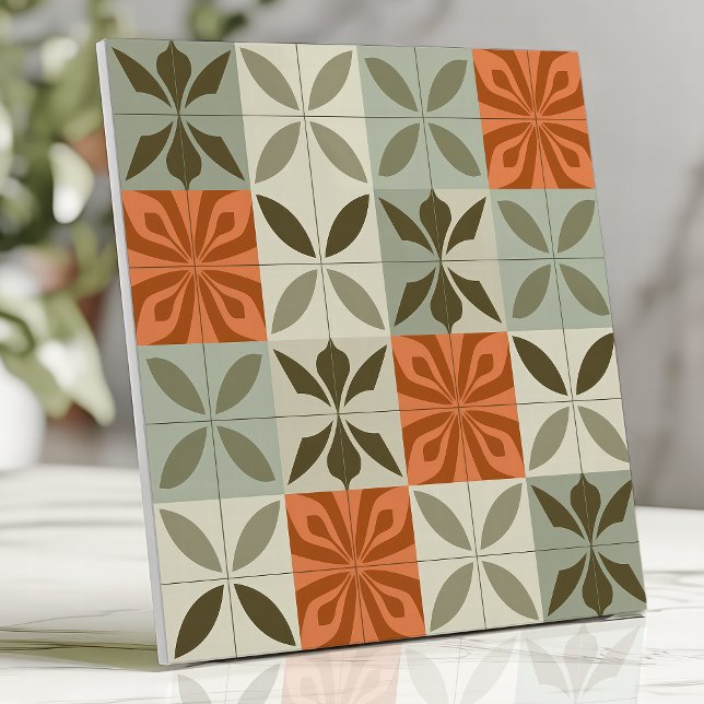 Mid-Century Floral Pattern in Terracotta and Sage Ceramic Tile (Creator Uploaded)