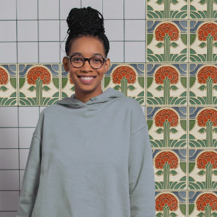 Mid-Century Flower Symmetry Arts Crafts Movement Ceramic Tile