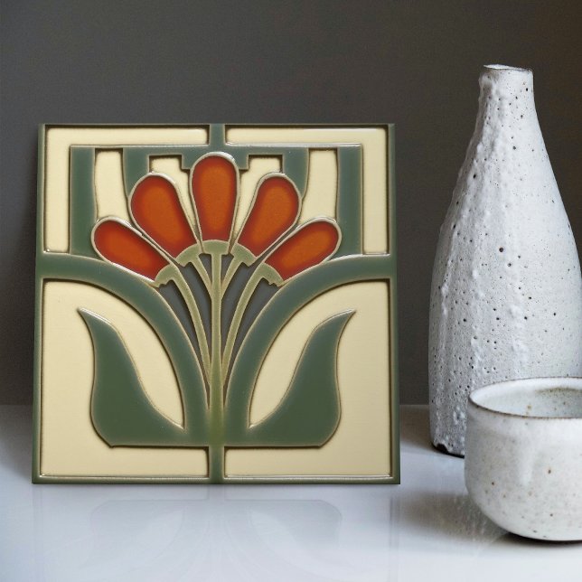 Mid-Century Flower Symmetry Arts Crafts Movement Ceramic Tile | Zazzle