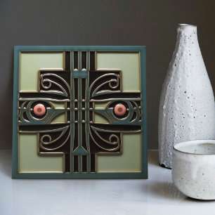 Mid-Century Flower Symmetry Arts Crafts Movement Ceramic Tile