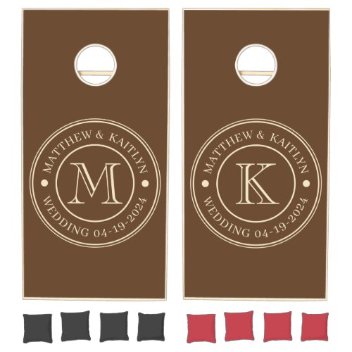 Mid-Century Forest Brown Wedding Monogram Cornhole Set