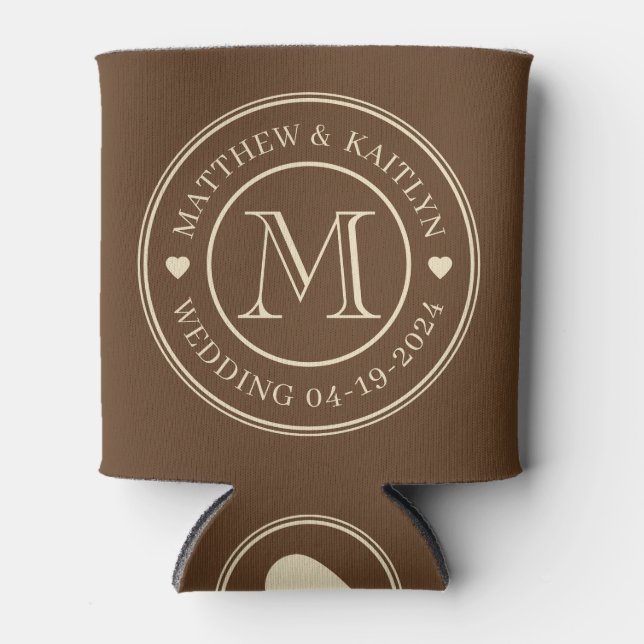 Mid-Century Forest Brown Wedding Monogram Heart Can Cooler (Front)