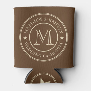 Mid-Century Forest Brown Wedding Monogram Star Can Cooler