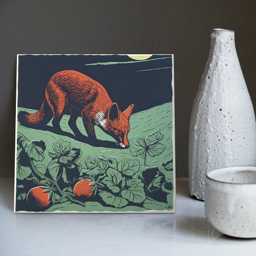 Mid_Century Foxy Strawberry Hunt Enchanting Ceramic Tile