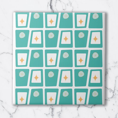 Mid Century Funky Blocks 2 Aqua Teal and Orange Ceramic Tile