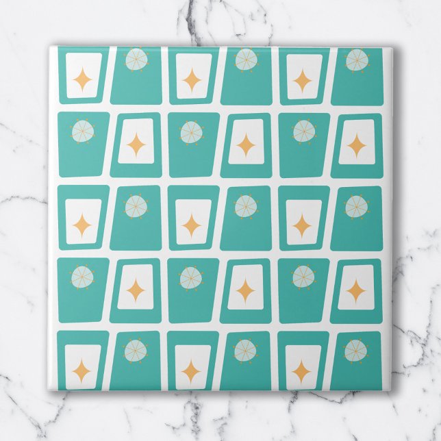 Mid Century Funky Blocks 2 Aqua, Teal and Orange Ceramic Tile (Creator Uploaded)
