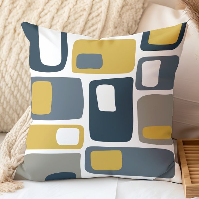 Mid Century Funky Geometric Shapes Navy Mustard Throw Pillow (Creator Uploaded)