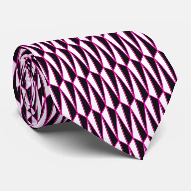 Mid-Century geometric, black, white, hot pink Neck Tie (Rolled)
