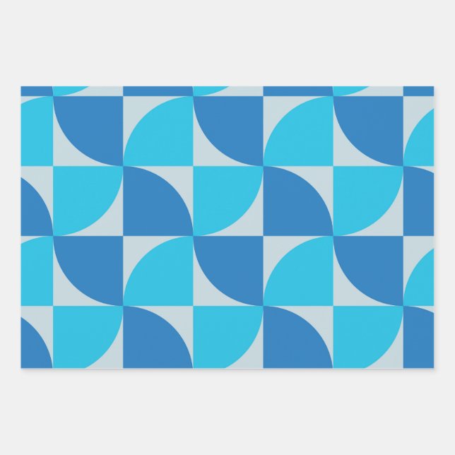 Mid century Geometric Blue Shapes Pattern Wrapping Paper Sheets (Front)