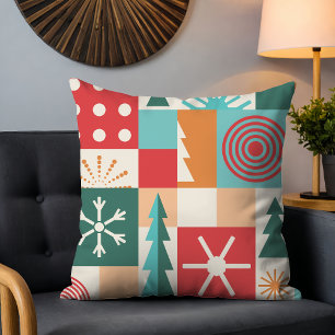 Mid Century Geometric Christmas Trees Snowflakes Throw Pillow