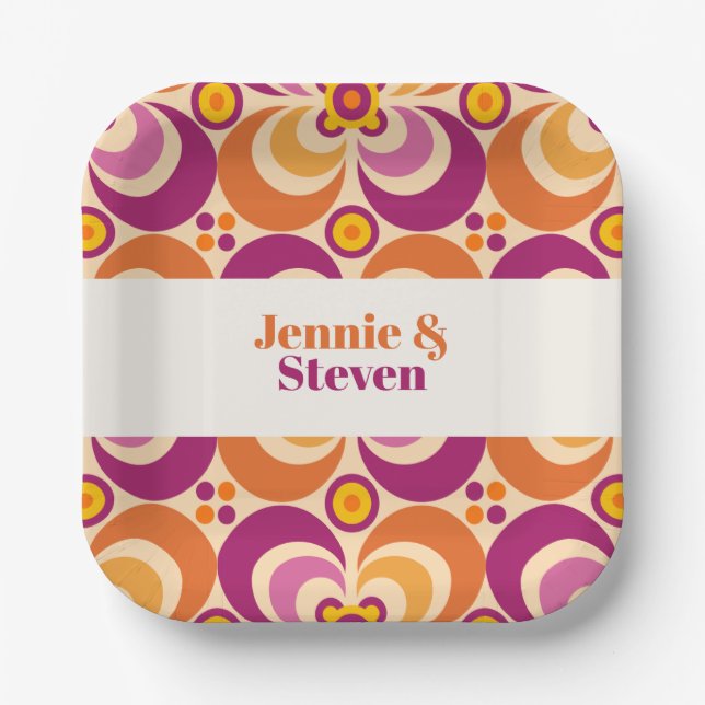 Mid Century Geometric Floral Purple Orange Paper Plates (Front)