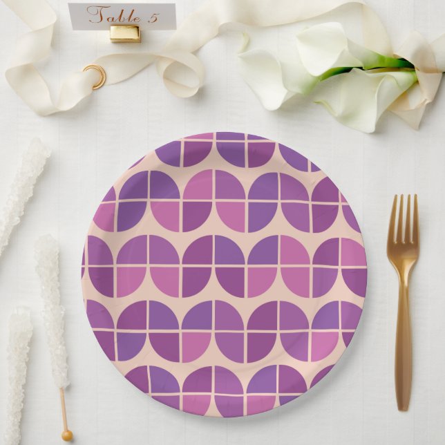Mid Century Geometric Pink Purple Pattern  Paper Plates (Wedding)