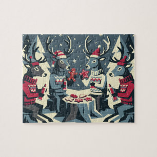 Mid Century Geometric Reindeer Family Cookies Jigsaw Puzzle