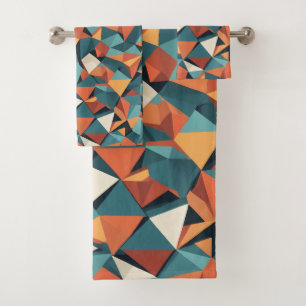 Mid-Century Geometric Teal & Orange Pattern Bath Towel Set