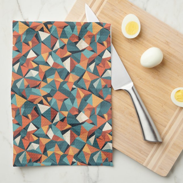 Mid-Century Geometric Teal & Orange Pattern Kitchen Towel (Quarter Fold)