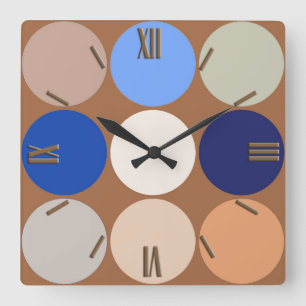 Mid-Century Giant Dots, Taupe Tan, Beige and Blue Square Wall Clock