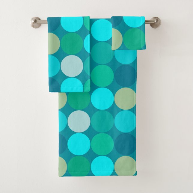 Mid-Century Giant Dots, Turquoise, Aqua &  Beige Bath Towel Set (Insitu)