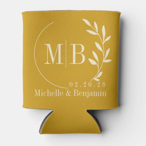 Mid-Century Golden Ochre Leaf Wedding Monogram Can Cooler