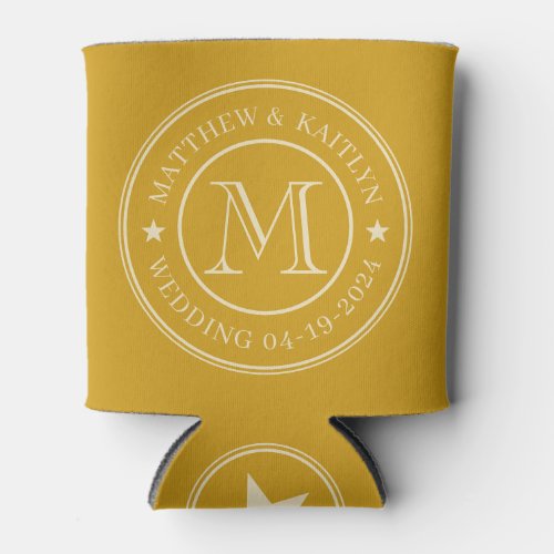 Mid-Century Golden Ochre Wedding Monogram Star Can Cooler