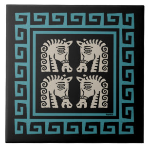 Mid Century Greek Key with Horses Design Ceramic Tile