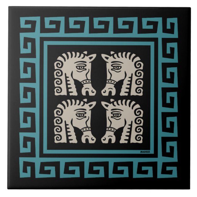 Mid Century Greek Key with Horses Design Ceramic Tile (Front)