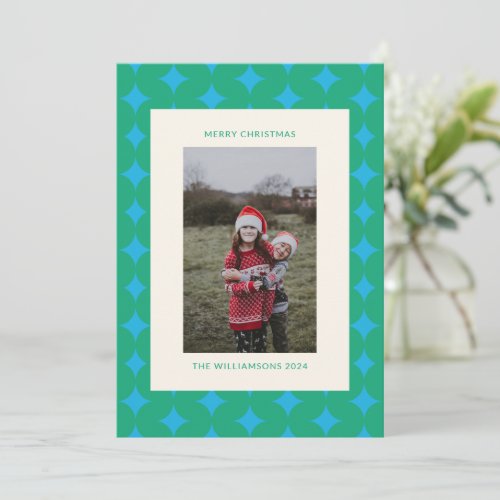 Mid Century Green Blue Geometric Christmas Photo Holiday Card