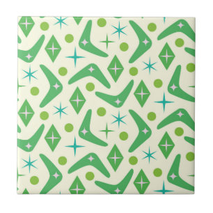 Mid Century Green Boomerangs with Starbursts  Ceramic Tile