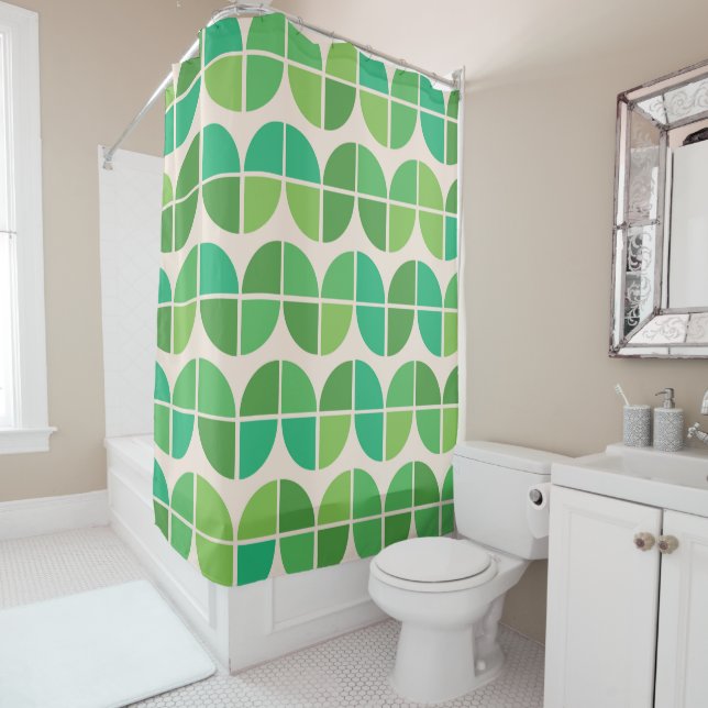  Mid Century Green Geometric Pattern  Shower Curtain (In Situ)