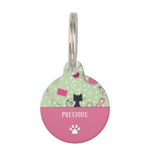 Mid Century Green Heart Cats Pet ID Tag