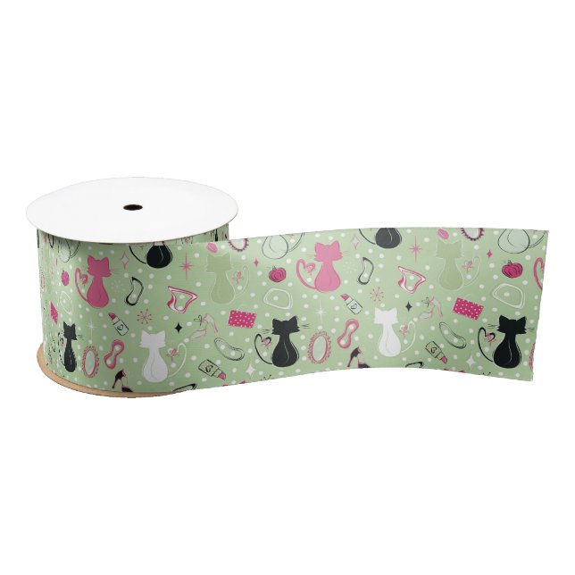 Mid Century Green Heart Cats Satin Ribbon (Spool)