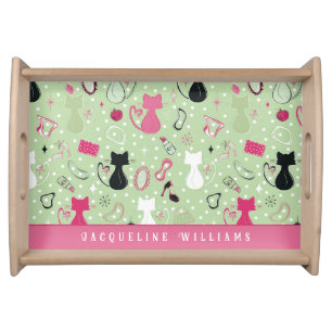 Mid Century Green Heart Cats Serving Tray
