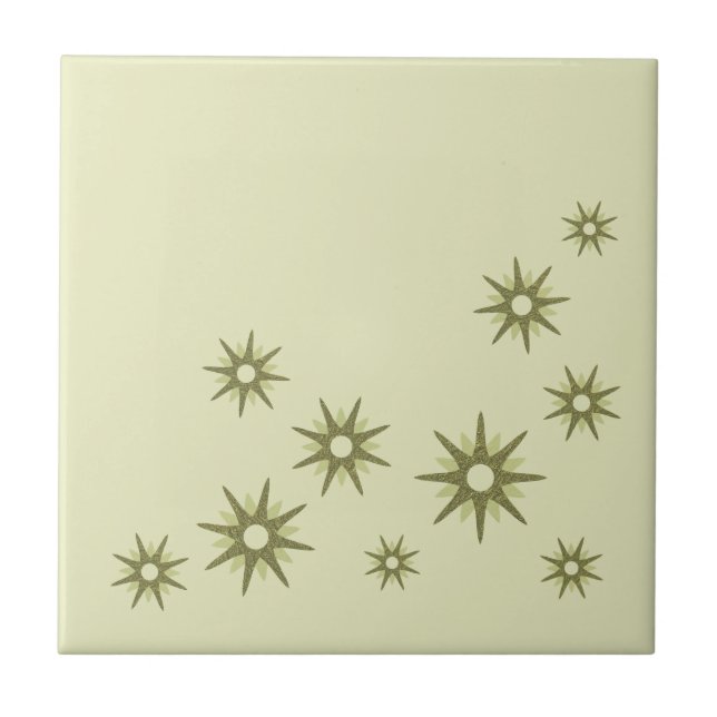 Mid-Century Green Starbursts Ceramic Tile (Front)