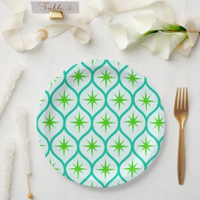 Mid Century Green Starbursts on Ogee Pattern  Paper Plates (Wedding)