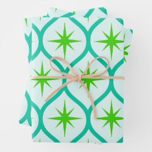 Mid Century Green Starbursts on Ogee Pattern Wrapping Paper Sheets