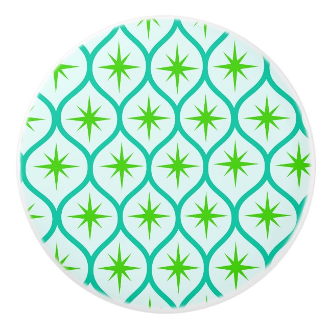 Mid Century Green Starbursts on Ovals Pattern  Ceramic Knob (Front)