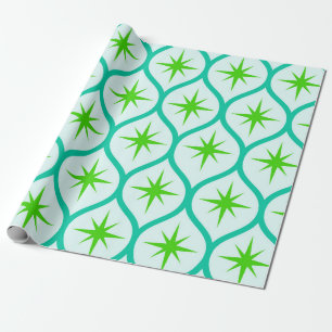Mid Century Green Starbursts on Ovals Pattern Wrapping Paper
