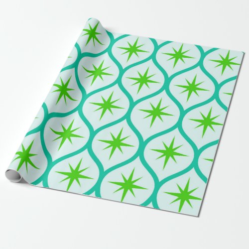 Mid Century Green Starbursts on Ovals Pattern  Wrapping Paper