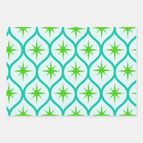 Mid Century Green Starbursts on Ovals Pattern  Wrapping Paper Sheets