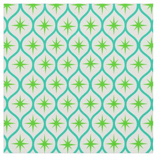 Mid Century Green Starbursts on teal Ovals Pattern Fabric