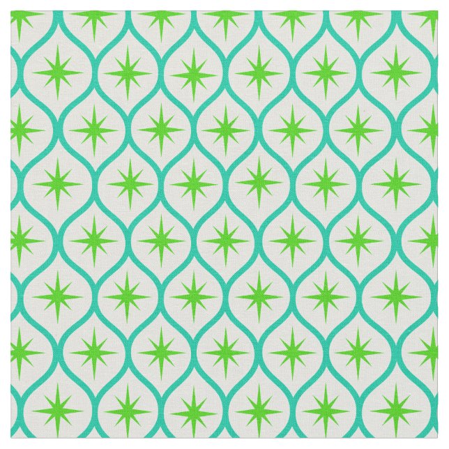Mid Century Green Starbursts on teal Ovals Pattern Fabric (Close Up)