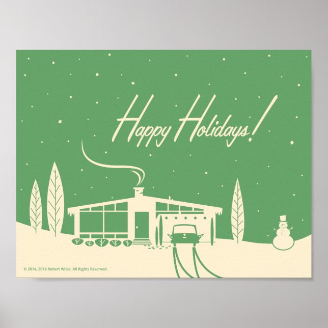 Mid-Century Happy Holidays Snowscene-Green Poster (Front)