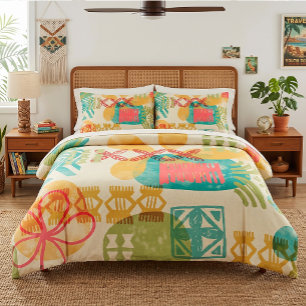 Mid Century Hawaiian Abstract Kapa Motif Tropical Duvet Cover