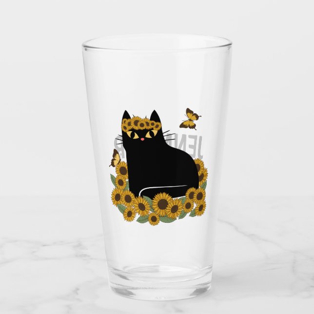 Mid Century hippie black cat Glass (Front)