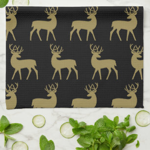 Mid Century Holiday Deer Pattern Black and Gold Kitchen Towel