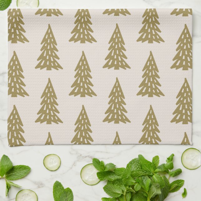 Mid Century Holiday Tree Pattern Gold Kitchen Towel (Folded)