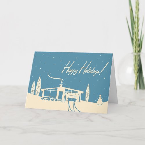 Mid_Century House Christmas Card Blue Holiday Card