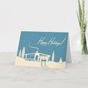 Mid-Century House Editable Christmas Card: Blue Holiday Card