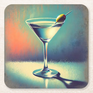 Mid Century I Love The Blues Martini Art Square Paper Coaster
