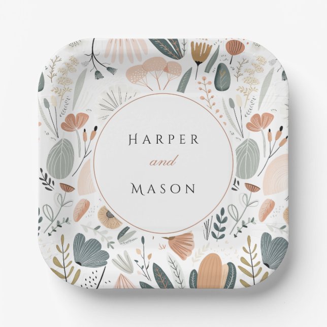 Mid-Century Inspired Botanical Wedding Paper Plates (Front)